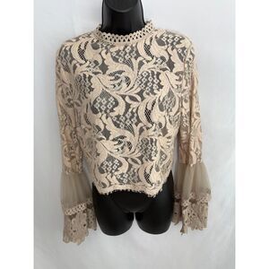 Mind Code Taupe Beige Lace Crop Blouse Victorian Coquette Bell Sleeves Size L